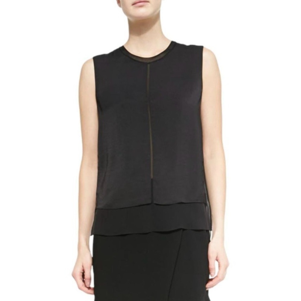 VINCE Small Layered Sleeveless Silk Blouse Georgette & Chiffon Top Shirt Black